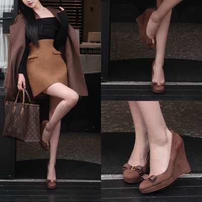 【Luray】古早棕色高定坡跟大小姐超稳蝴蝶结高跟鞋