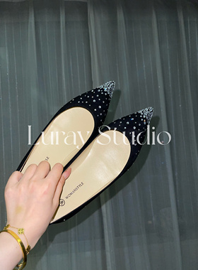 【Luray】黑色郁金香内增高水钻夏超浅口真皮绒面法式气质尖头