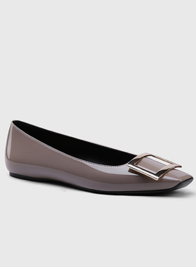 真皮方扣平底鞋法式白领浅口