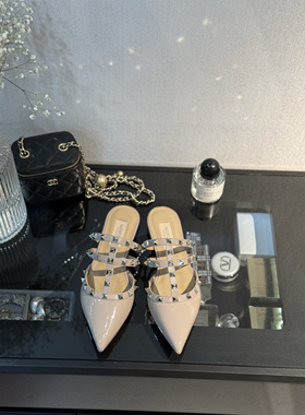 【Luray】铆钉尖头真皮平底鞋包脚凉拖鞋女鞋外穿半拖柳钉鞋