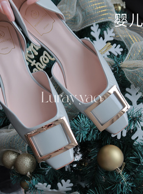 【Luray】春夏季新款RV方扣女方头平底鞋包头中空漆皮芭蕾舞鞋