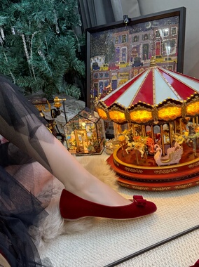 【Luray】绒红蝶结·丝绒酒红圣诞新年元旦内增高2.5cm真皮单鞋