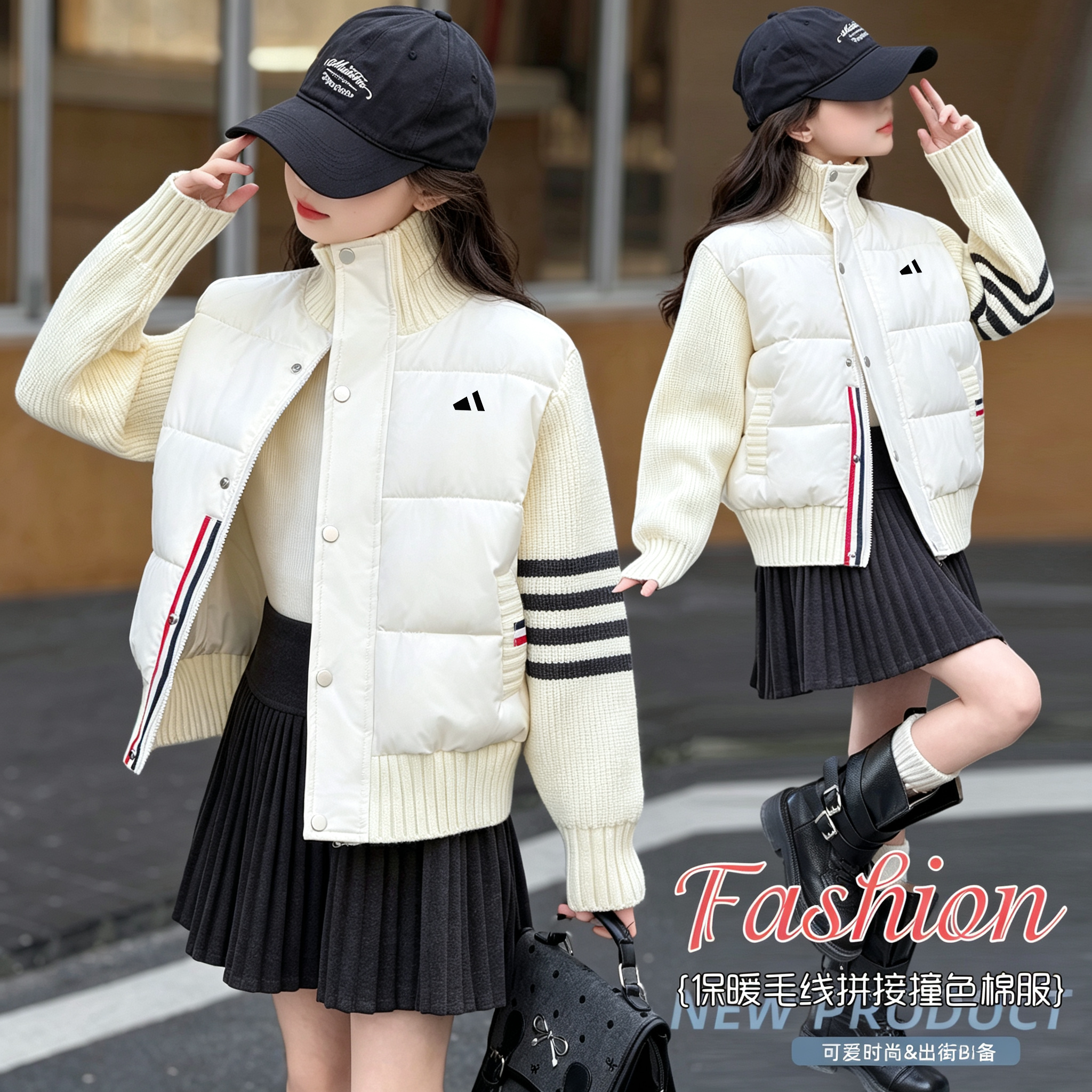 女童针织拼接羽绒棉服冬季