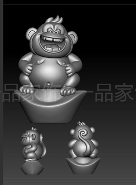 88猴子爬元宝stl雕刻图圆雕图模型文件三维立体精雕图3d