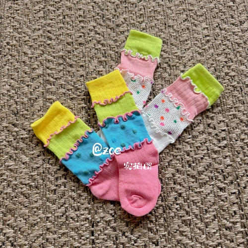 春夏纯棉儿童多巴胺色拼接袜子日系风袜子中筒堆堆袜