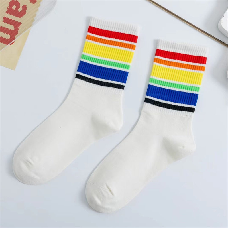 纯棉运动袜女跑步篮球秋冬中筒舒适透气彩虹新款潮秋季全棉厂家批