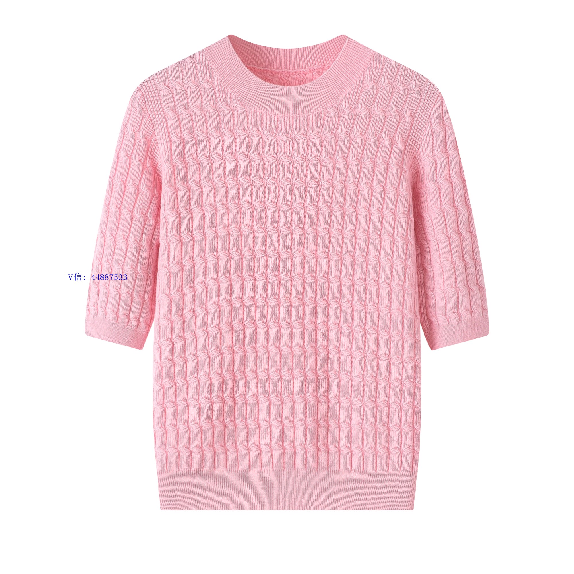 简约不简单~纯色羊绒短袖女圆领白色绞麻花纯色针织打底毛衣半袖