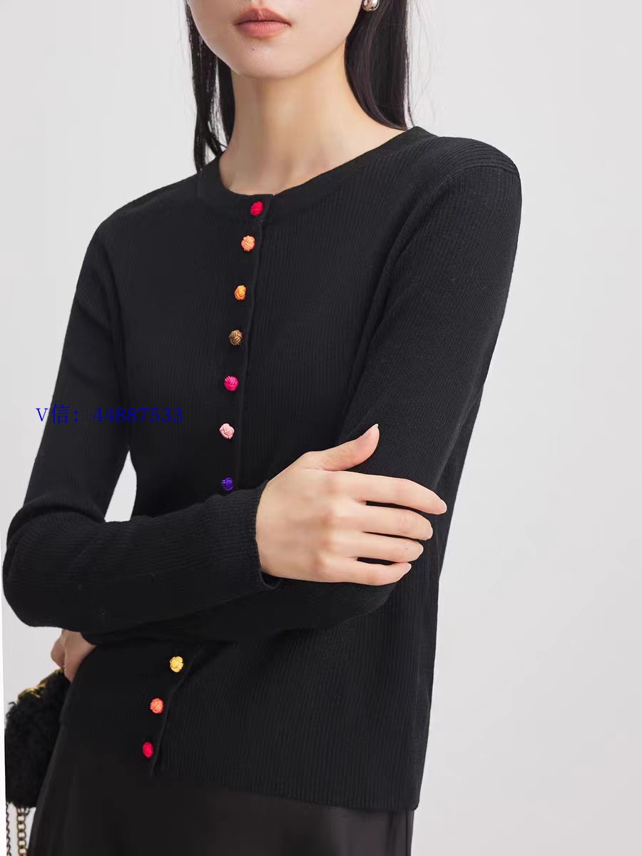 鄂市老牌1OO%纯羊毛新中式彩色盘扣针织开衫23秋新款黑色针织上衣