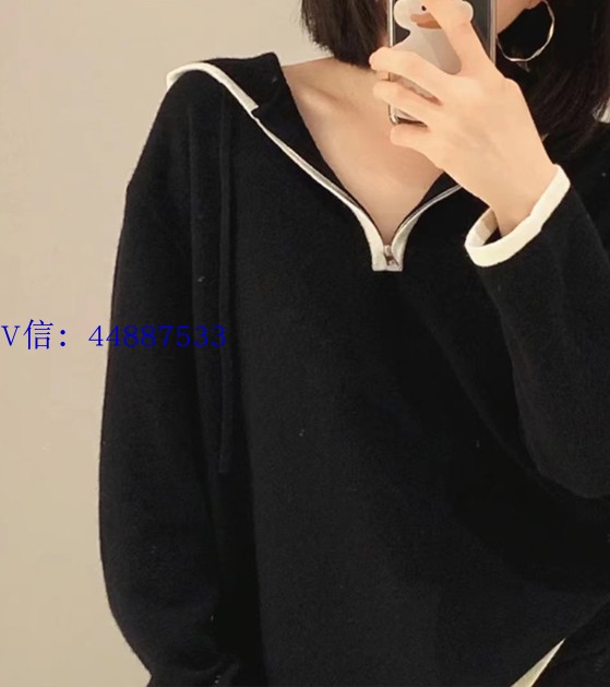 2023秋冬新款羊绒衫女100纯羊绒连帽打底衫羊绒休闲时尚黑色毛衣