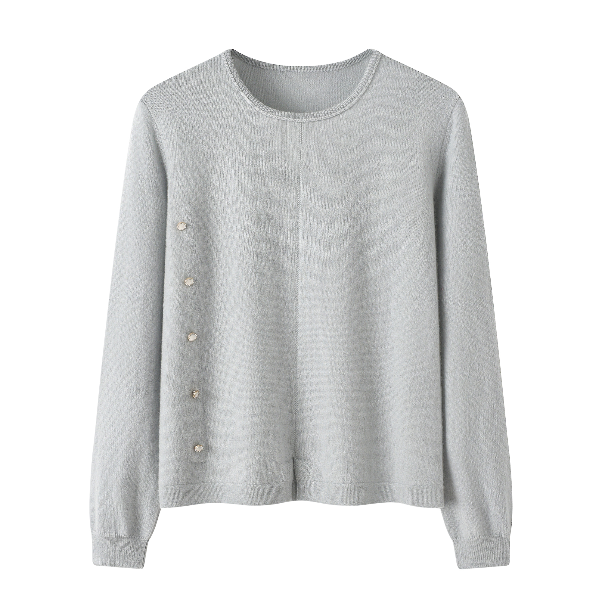 基础打底100%纯山羊绒衫女圆领开叉装饰扣针织百搭保暖宽松套头衫