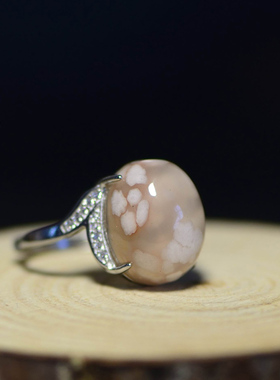 天然樱花玛瑙戒指925银活口指环个性民族风玉髓复古礼物女生水晶