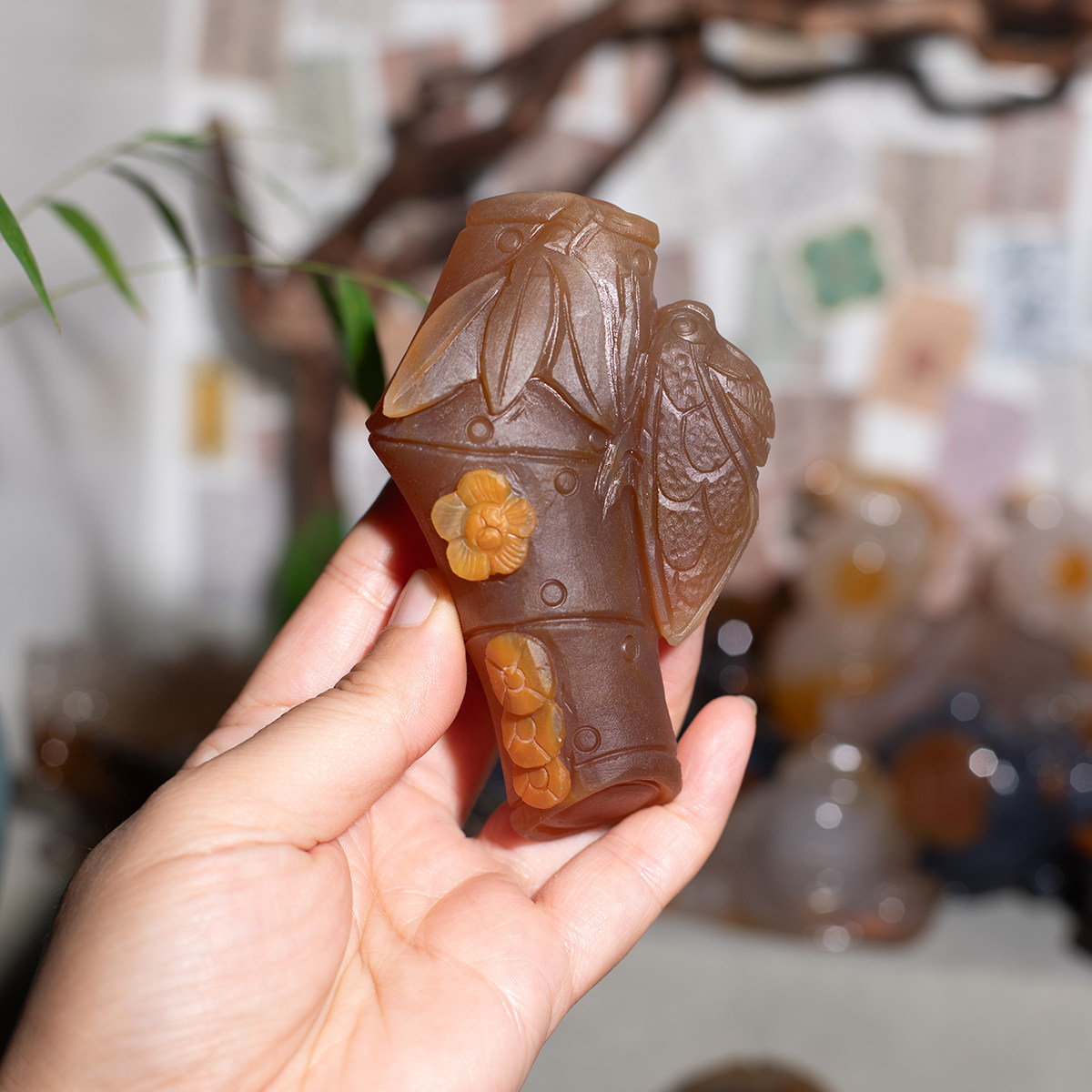 天然俏色玛瑙竹节步步高升手把件