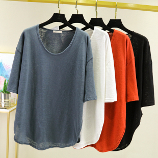 竹节棉打底衫 新宽松亚麻短袖 弧边开叉上衣外穿大码 薄款 T恤女夏季