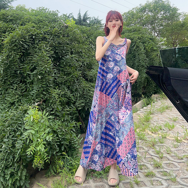 民族风A字裙人棉花色长裙