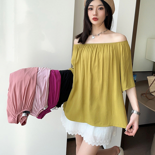 蓝色打底衫 法式 锁骨温柔一字肩上衣女夏超仙后背露肩宽松泡泡袖