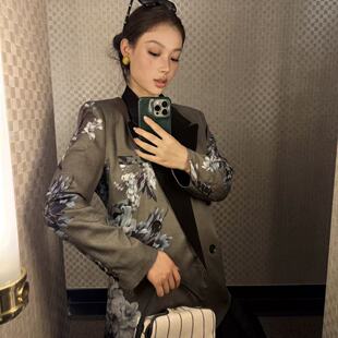 洋气新店REDMEMORY墨花叙 水墨花卉撞色领复古老钱廓形西装外套