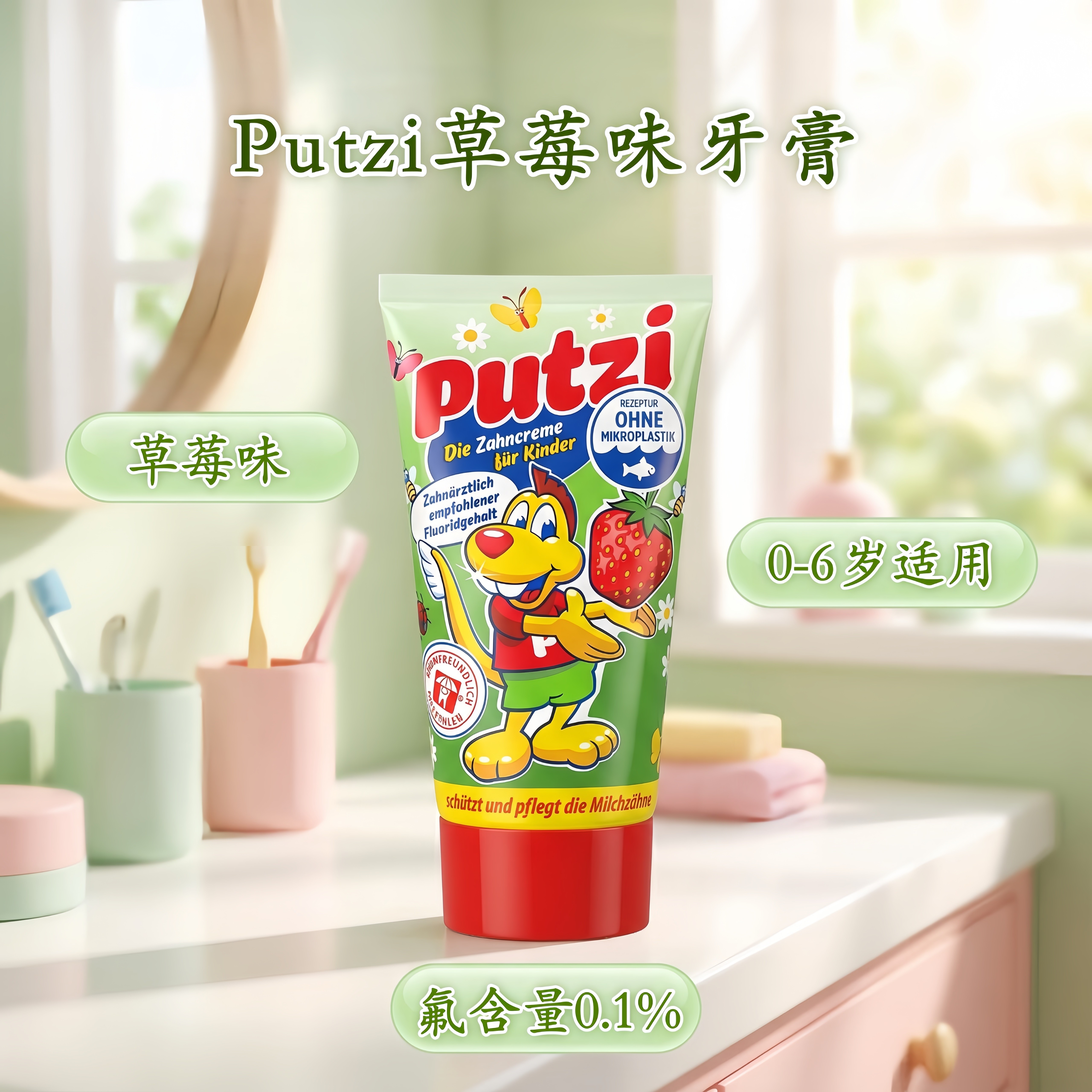 德国putzi儿童牙膏草莓味0-6岁卡通可爱