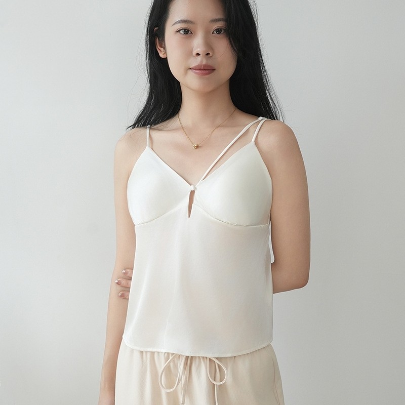 弹力缎面真丝纽扣V领吊带女款 桑蚕丝背心带杯垫二合一双肩带美背,女士内衣/男士内衣/家居服,保暖背心,淘宝优惠券,粉丝福利购,淘宝优惠卷
