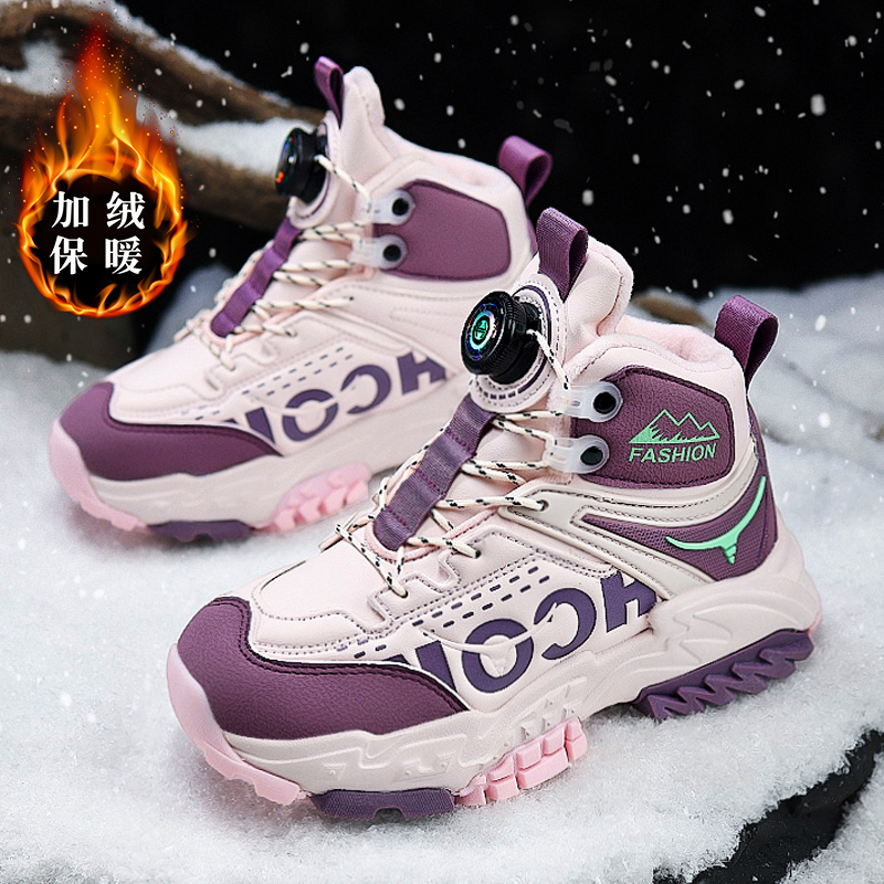 棉鞋女冬季2025新款旋转纽扣加绒保暖大童初中学生防水防滑运动