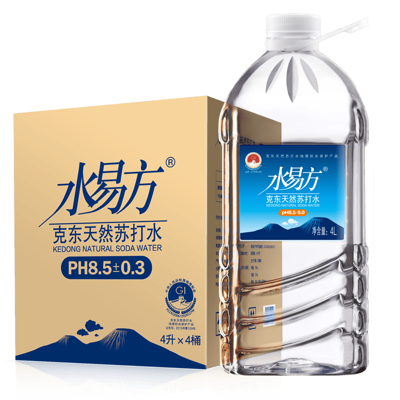 水易方克东苏打水4l/500ml/380ml弱碱性饮用水整箱克东产包邮上楼