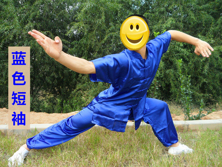 爆款宝蓝色短袖太极服夏装武术服表演服男女儿童成人演出服练功服