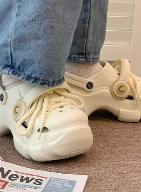 朋克风耳机洞洞鞋女厚底增高夏外穿2024新款包头软底防滑凉鞋假日