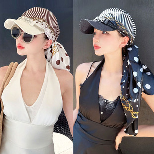 春夏法式复古时髦棒球帽女度假波点丝巾绑发披肩水钻蝴蝶结鸭舌帽