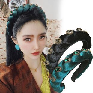 高颅顶复古头饰水钻丝绒加厚麻花辫子海绵发箍爱心形宝石编织发卡
