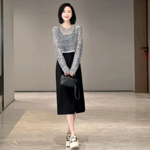欧货镂空针织衫吊带裙两件套女2023秋时尚洋气宽松显瘦连衣裙套装
