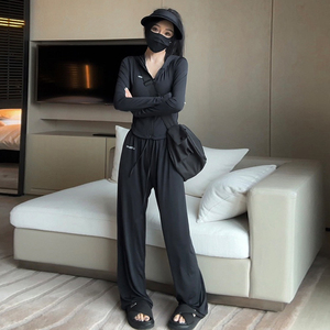 欧货薄款连帽防晒衣运动套装女2023夏季黑色冰丝长袖防晒服两件套