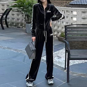 欧货侧条纹金丝绒套装女2023秋季时尚修身显瘦短外套阔腿裤两件套