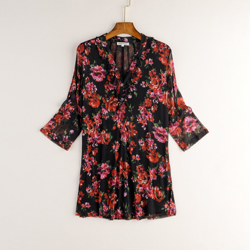 [CLEARANCE] SILK MESH PRINT TOP WOMENS MIDI MESH BREATHABLE MID-SLEEVE V-NECK PULLOVER