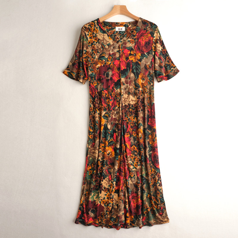 【清仓】真丝针织印花短袖连衣裙夏季复古气质显瘦桑蚕丝V领中,女装/女士精品,连衣裙,淘宝优惠券,粉丝福利购,淘宝优惠卷