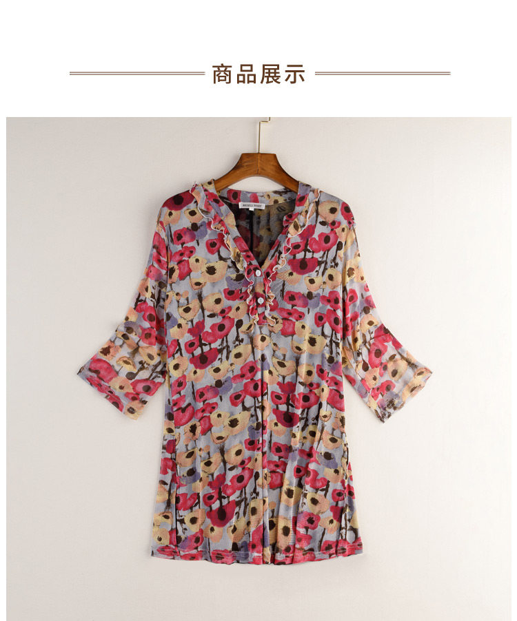 [CLEARANCE] SILK MESH PRINT TOP WOMENS MIDI MESH BREATHABLE MID-SLEEVE V-NECK PULLOVER