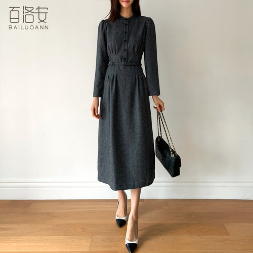 百洛安通勤OL长袖连衣裙女2025春季气质优雅立领系带收腰中长款裙