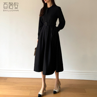 百洛安法式优雅高腰系带连衣裙女春新款气质圆领长袖A字裙长裙子