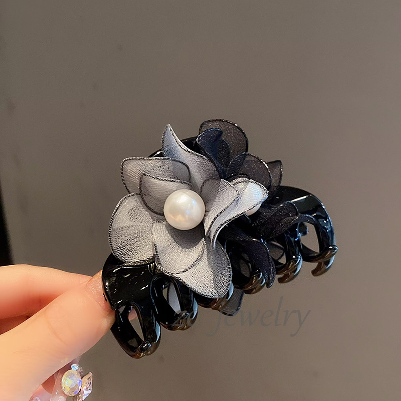 【抓夹】韩版清新拼色网纱烧边花朵珍珠发夹女气质花苞头丸子头饰