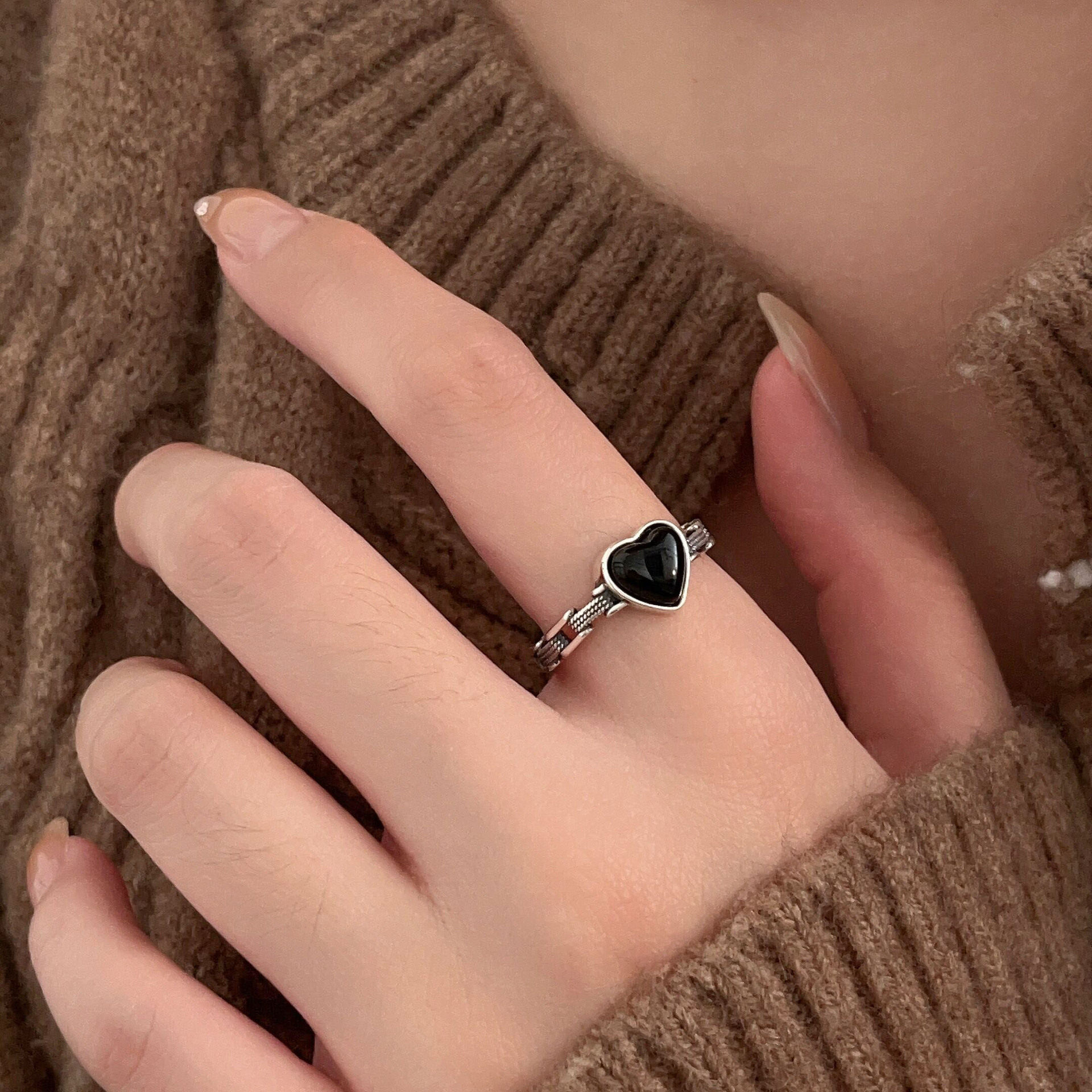 s925纯银黑玛瑙爱心戒指女小众