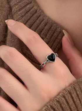 s925纯银黑玛瑙爱心戒指女小众