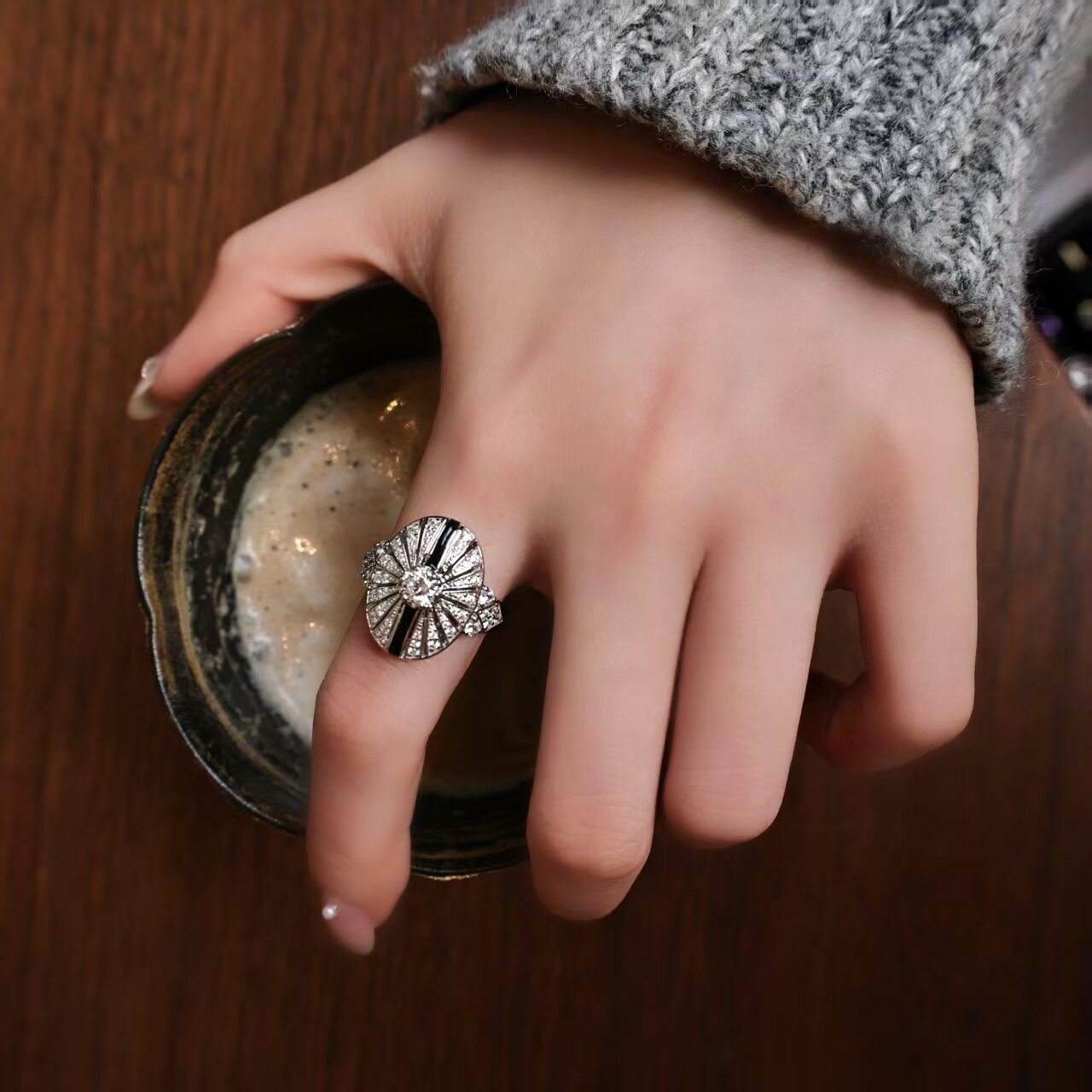 Artdeco复古老钱风黑珐琅戒指女高级个性时尚小众设计感指环新款