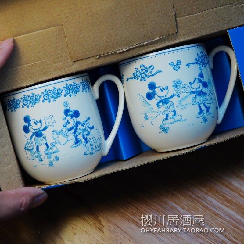 【2个一盒】日本迪士尼Disney米奇老鼠米妮 青花瓷色陶瓷杯马克杯