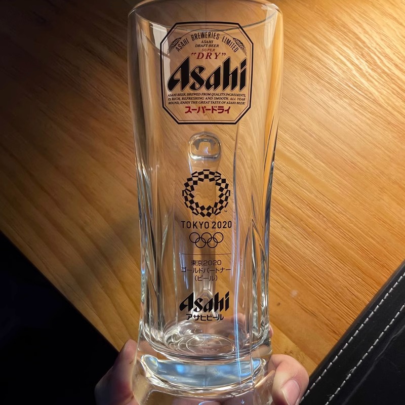 日本Asahi朝日2020年限定运动会啤酒杯带把玻璃杯扎啤杯子500ml