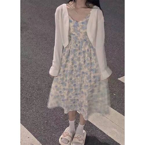 中大童碎花吊带连衣裙套装女夏季薄款防晒衣开衫小清新收腰长裙子