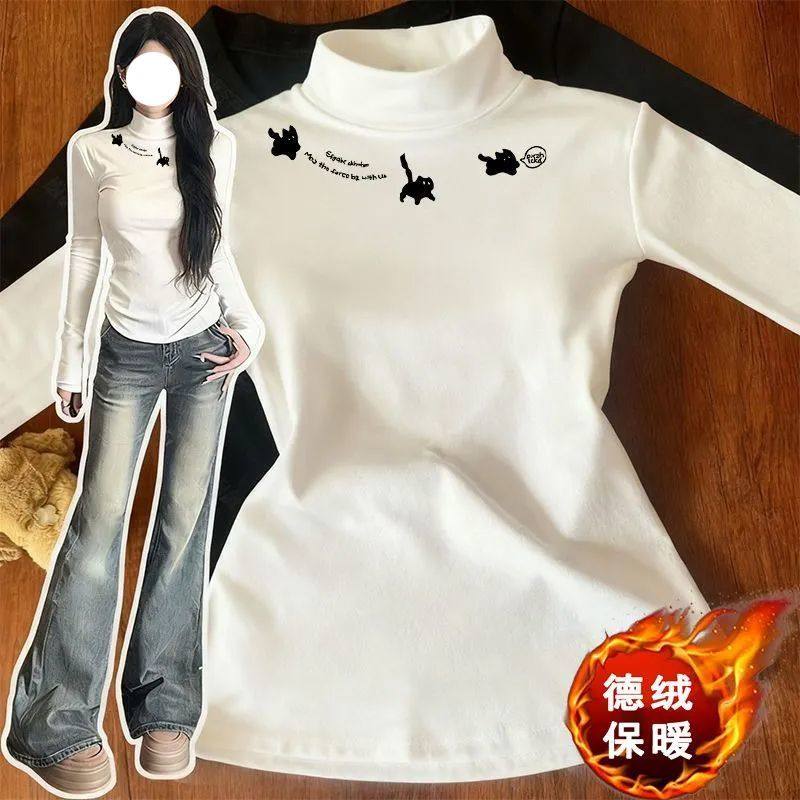 中大童白色德绒半高领加厚保暖长袖上衣小猫印花收腰显瘦ins风潮,童装/婴儿装/亲子装,T恤,淘宝优惠券,粉丝福利购,淘宝优惠卷