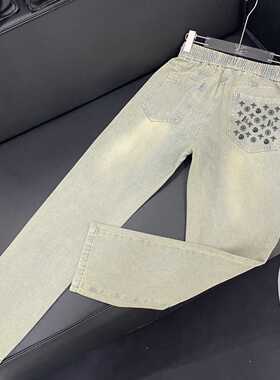 美式牛仔裤中大童水洗做旧复古潮牌高街vibe窄版修身小直筒长裤子