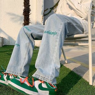 男童vibe裤子男高街ins潮牌浅色牛仔裤设计感小众直筒秋季阔腿裤