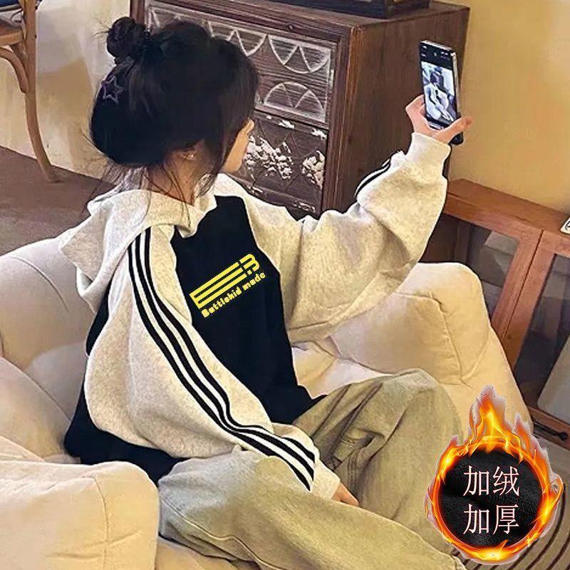 女韩版儿童加绒加厚新款拼接春秋宽松中大童宽松连帽学生连帽卫衣