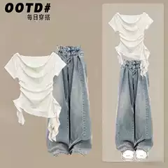 Pleated Design Slimming Top Paired with Wide-Leg Jeans, New Summer Style for Older Children, Ins-Style Children's Clothing for Girls