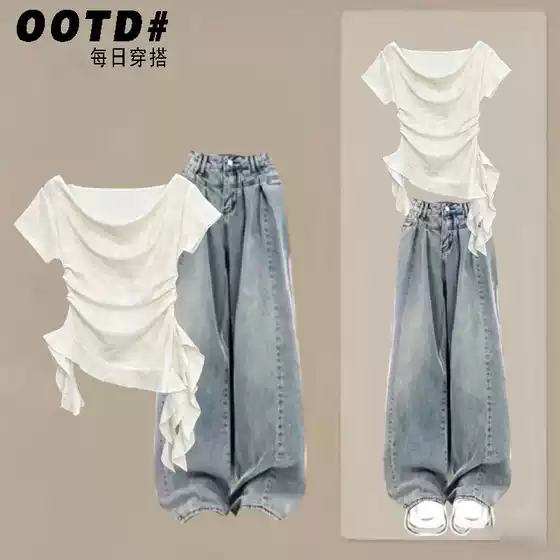 Pleated Design Slimming Top Paired with Wide-Leg Jeans, New Summer Style for Older Children, Ins-Style Children's Clothing for Girls