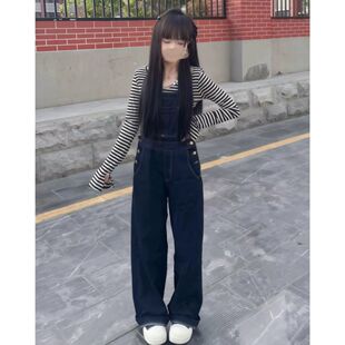 中大童2026夏季深蓝色宽松韩版牛仔背带裤连体裤单件童装矮个子女